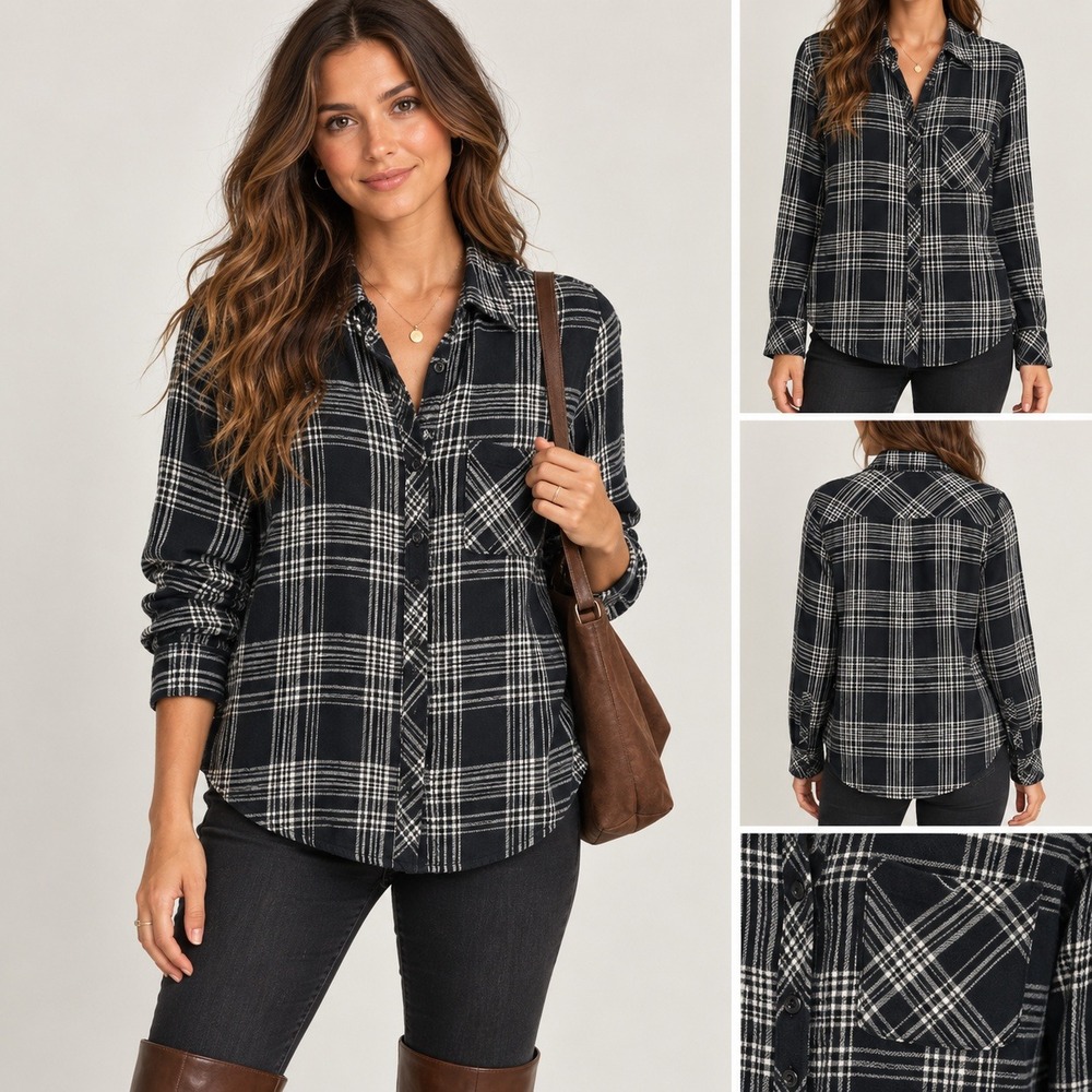 Rails Hunter Womens XS Black White Plaid Button Down Shirt Preppy Coastal Fall
